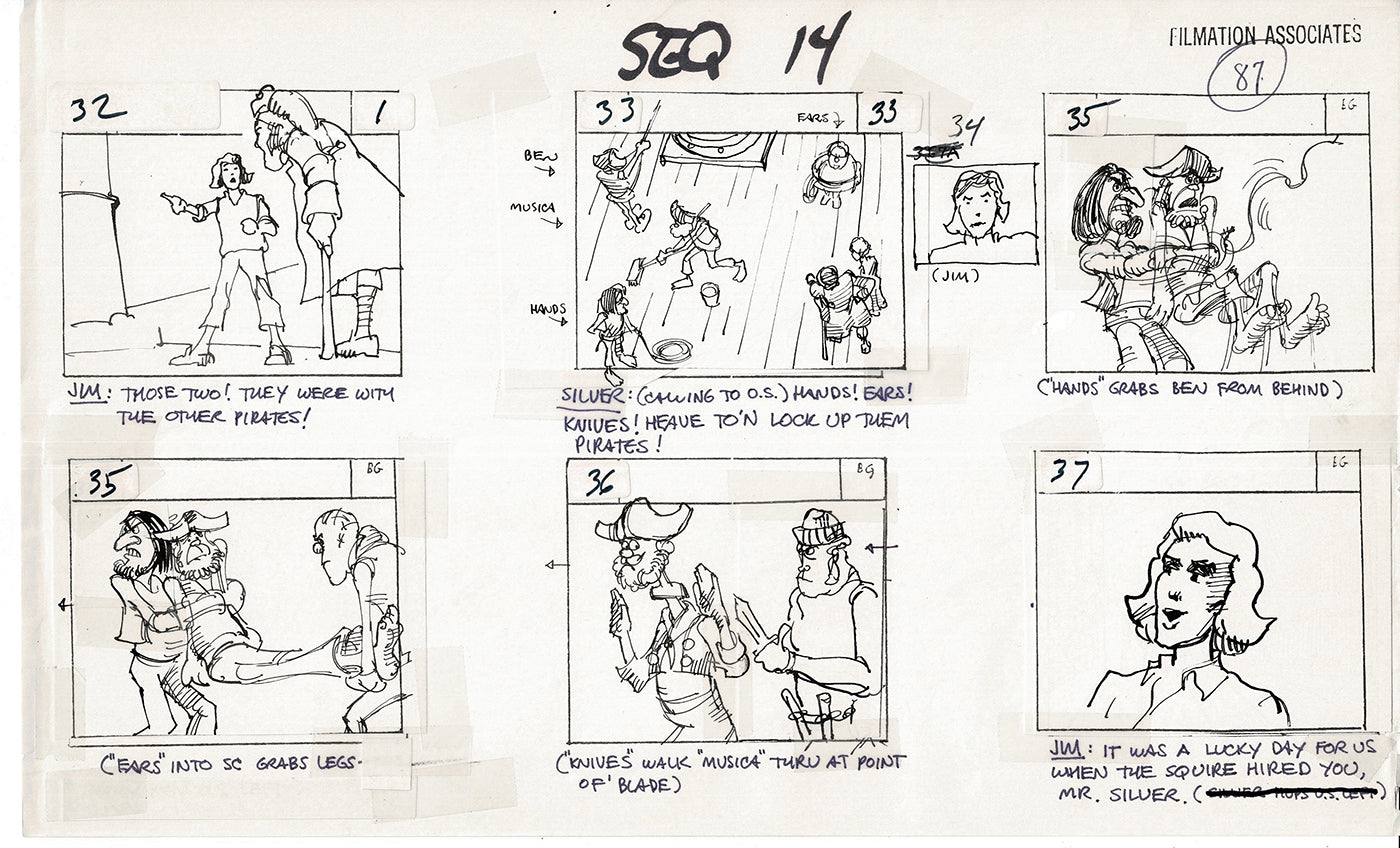Treasure Island Storyboard Art Cartoon 2 Pages Stevenson Filmation WB 1973 B-39