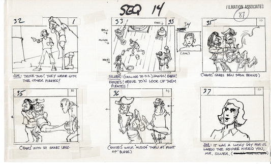 Treasure Island Storyboard Art Cartoon 2 Pages Stevenson Filmation WB 1973 B-39
