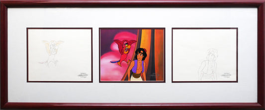 Aladdin and Iago Walt Disney Production Art Animation Cel and Drawings from 1994 Return of Jafar Framed 3 C-A