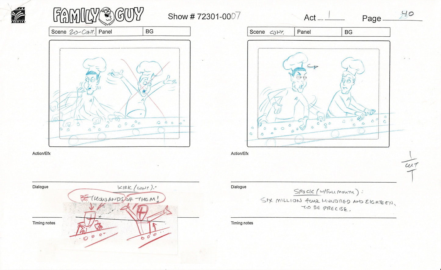 Family Guy Star Trek Captain Kirk and Spock Hand-Drawn Production Animation Storyboard FOX 9