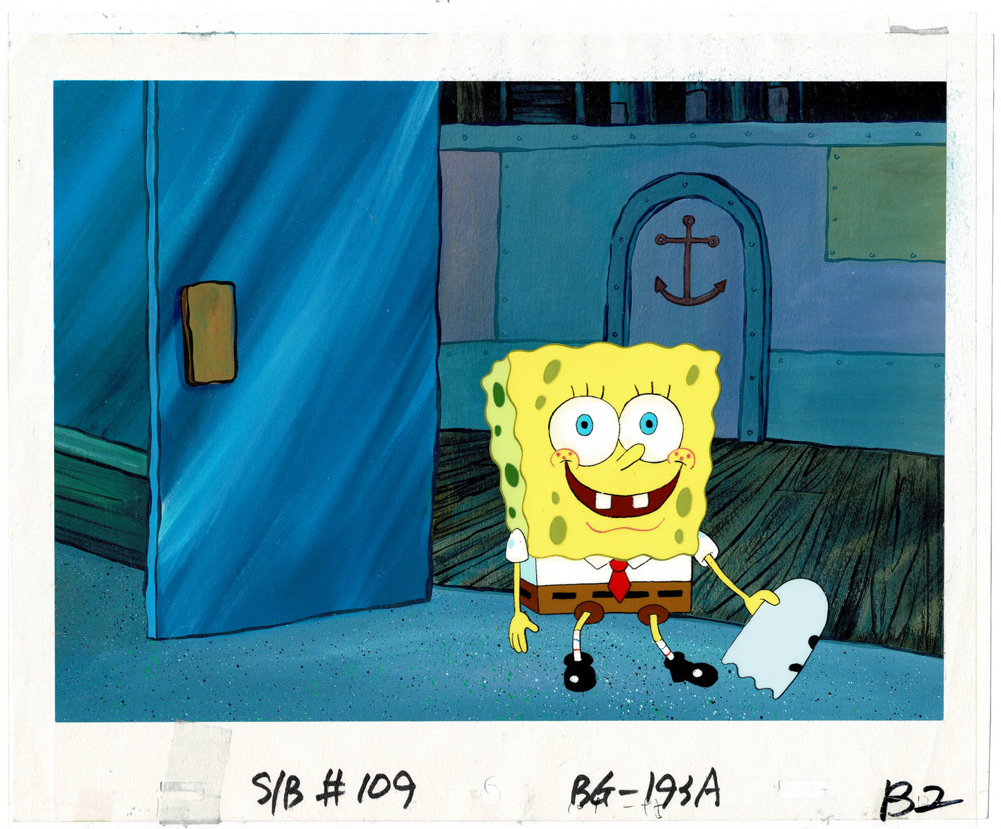 Spongebob Production Animation Cel AND Background OBG from Nickelodeon 1999 from the Scaredy Pants Episode FC