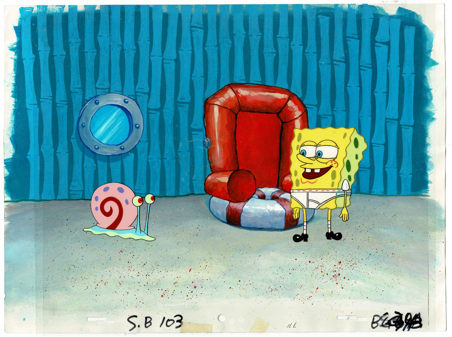 Spongebob Squarepants and Gary Production Animation Cel Setup AND Background OBG from Nickelodeon 1999 Jellyfish Episode FC