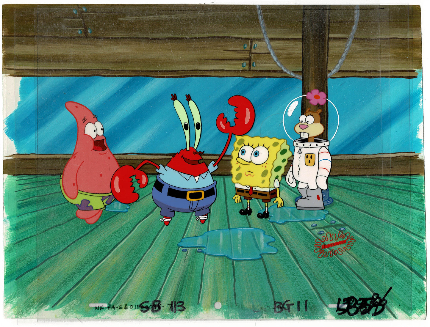 Spongebob Squarepants Mr Krabs Patrick and Sandy Cheeks Production Animation Cel Setup AND Background OBG Nickelodeon 1999 Chaperone Episode FC