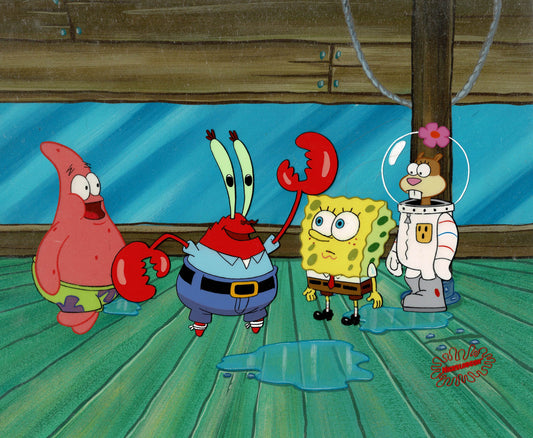 Spongebob Squarepants Mr Krabs Patrick and Sandy Cheeks Production Animation Cel Setup AND Background OBG Nickelodeon 1999 Chaperone Episode FC