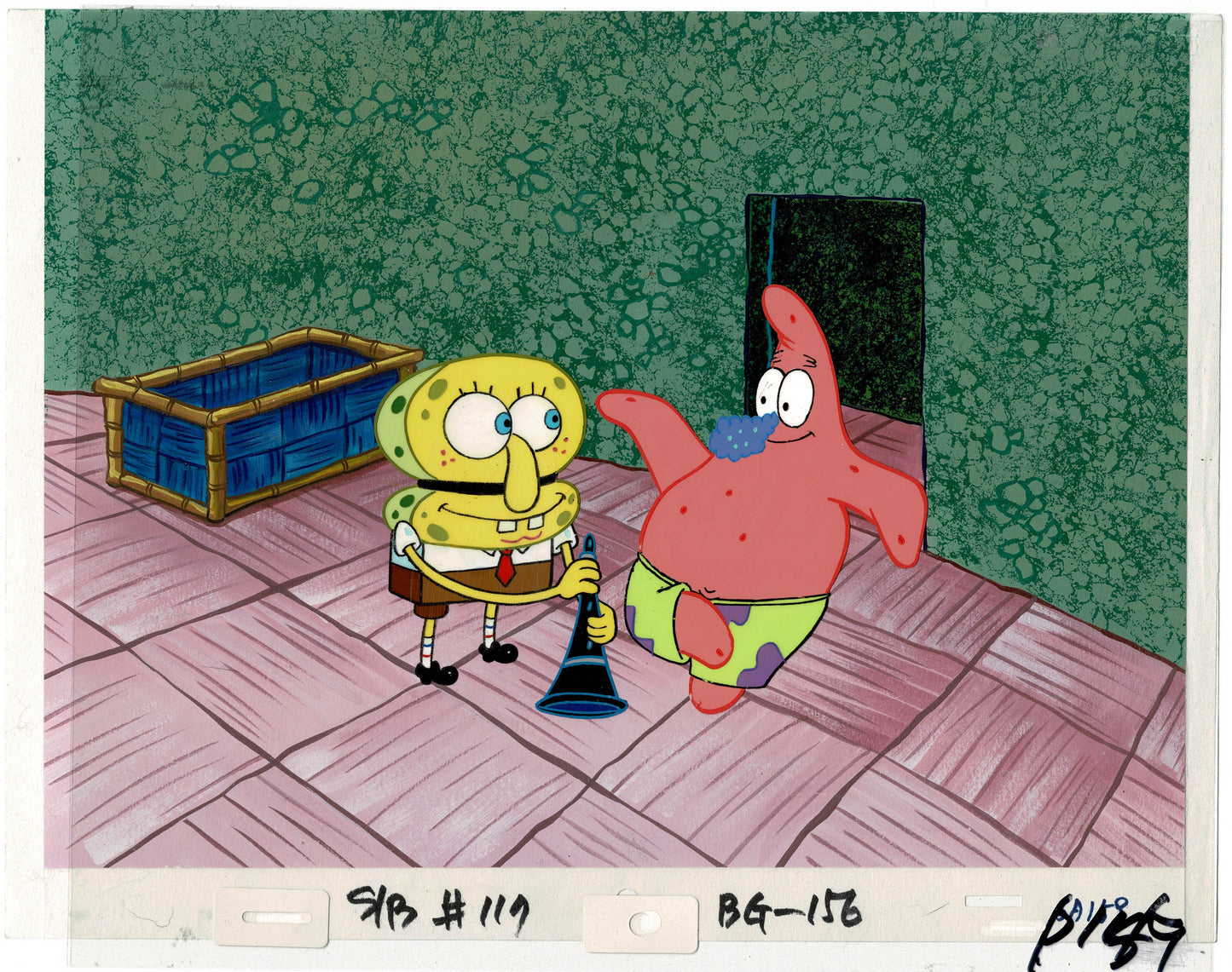 Spongebob Squarepants and Patrick Production Animation Cel Setup AND Background OBG Nickelodeon 1999 Opposite Day Episode FC