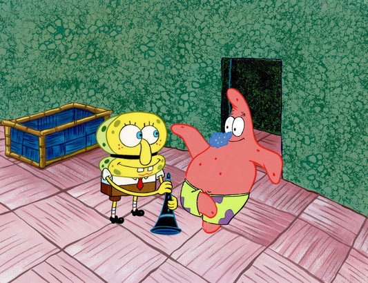 Spongebob Squarepants and Patrick Production Animation Cel Setup AND Background OBG Nickelodeon 1999 Opposite Day Episode FC