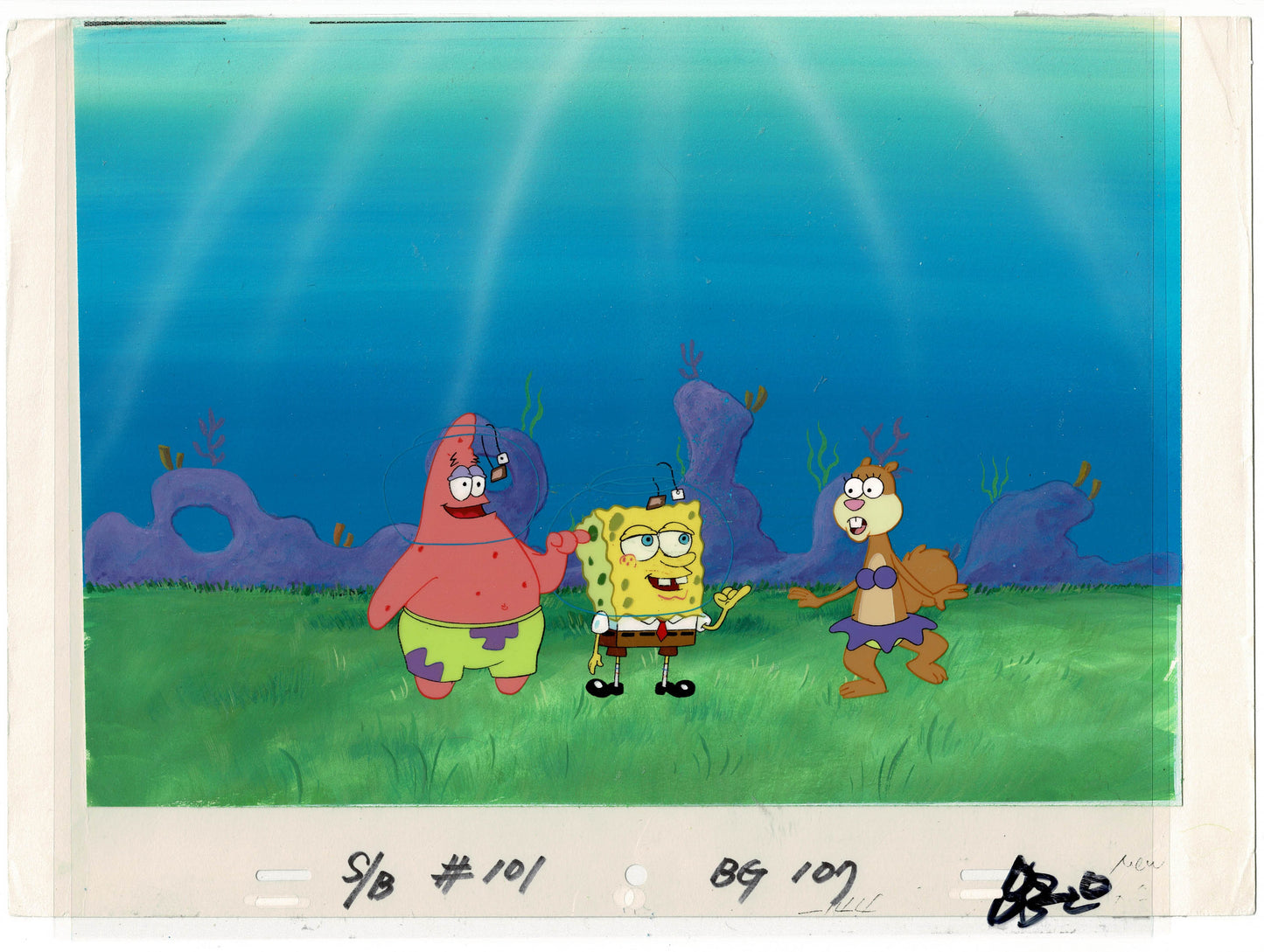 Spongebob Squarepants Patrick and Sandy Cheeks Production Animation Cel Setup AND Background OBG Nickelodeon 1999 Tea at The Treedome Episode FC