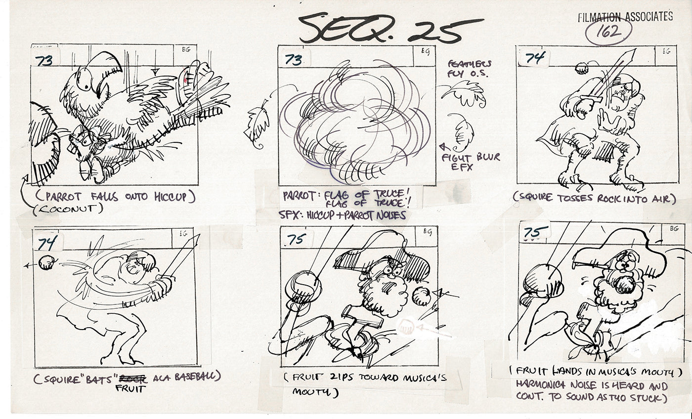 Treasure Island Storyboard Art Cartoon 2 Pages Stevenson Filmation WB 1973 C-45