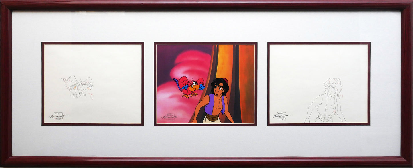 Aladdin and Iago Walt Disney Production Art Animation Cel and Drawings from 1994 Return of Jafar Framed 4 C-A