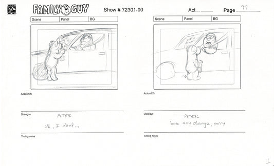 Family Guy Peter Griffin Brian Hand-Drawn Production Animation Storyboard FOX 1999 First Season