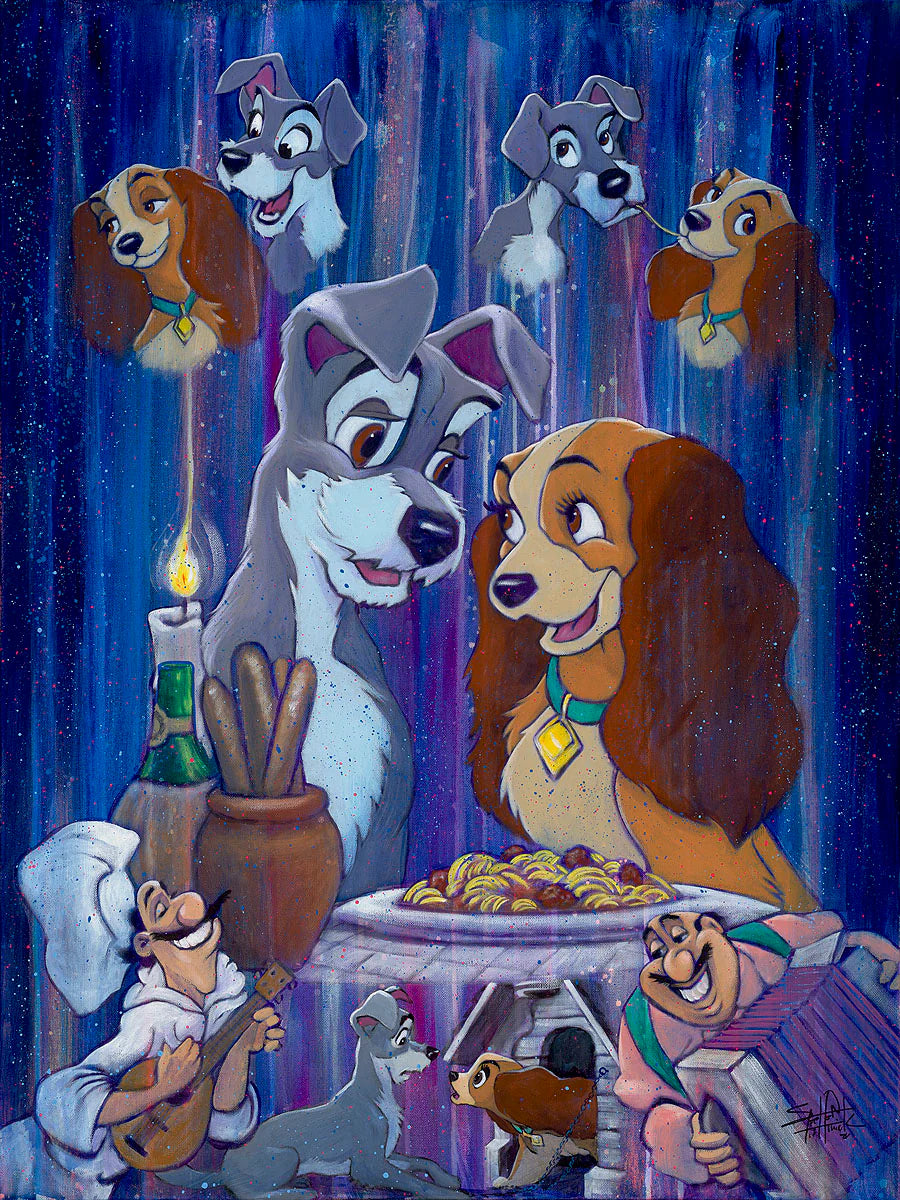 Lady and the Tramp Walt Disney Fine Art Stephen Fishwick Signed Limited Ed Print of 50 on Canvas "Happy Couple"