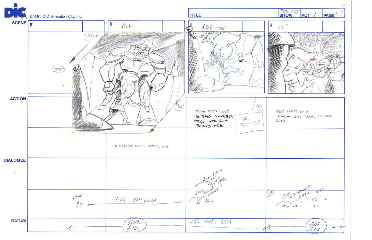 Sonic Underground Huge Hand-Drawn Production Storyboard 1999 from DIC Used to Make the Cartoon Pg 58