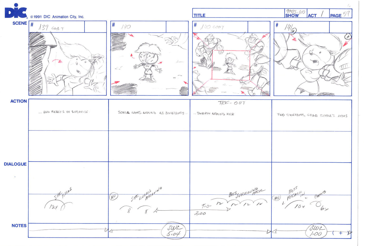 Sonic Underground Huge Hand-Drawn Production Storyboard 1999 from DIC Used to Make the Cartoon Pg 59