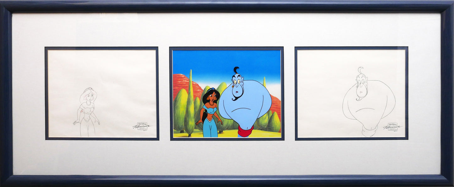 Aladdin The Genie and Jasmine Walt Disney Production Animation Cel and Drawings from 1994 Return of Jafar Framed 5 C-A