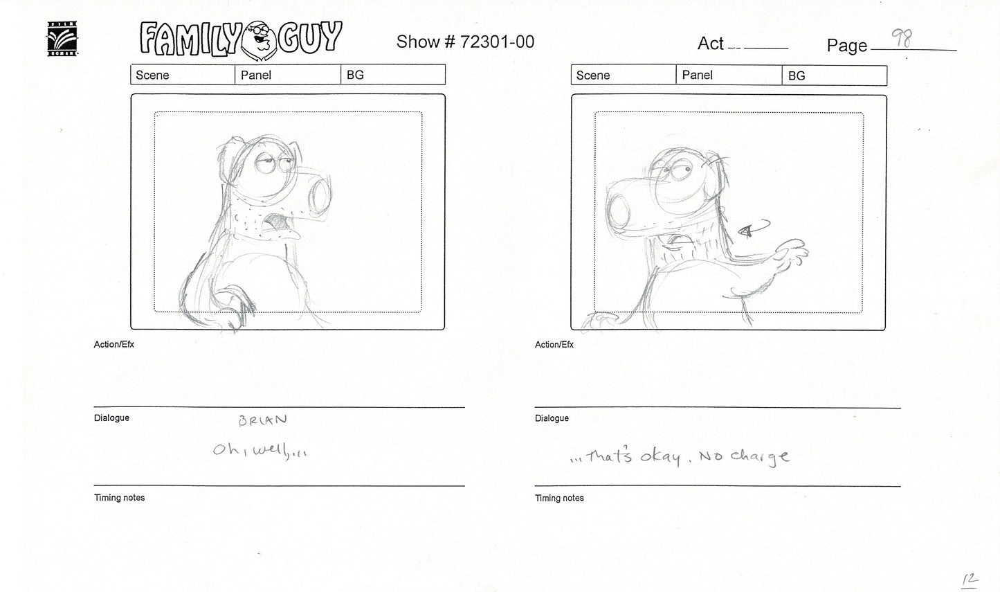 Family Guy Peter Griffin Brian Hand-Drawn Production Animation Storyboard FOX 1999 First Season 2