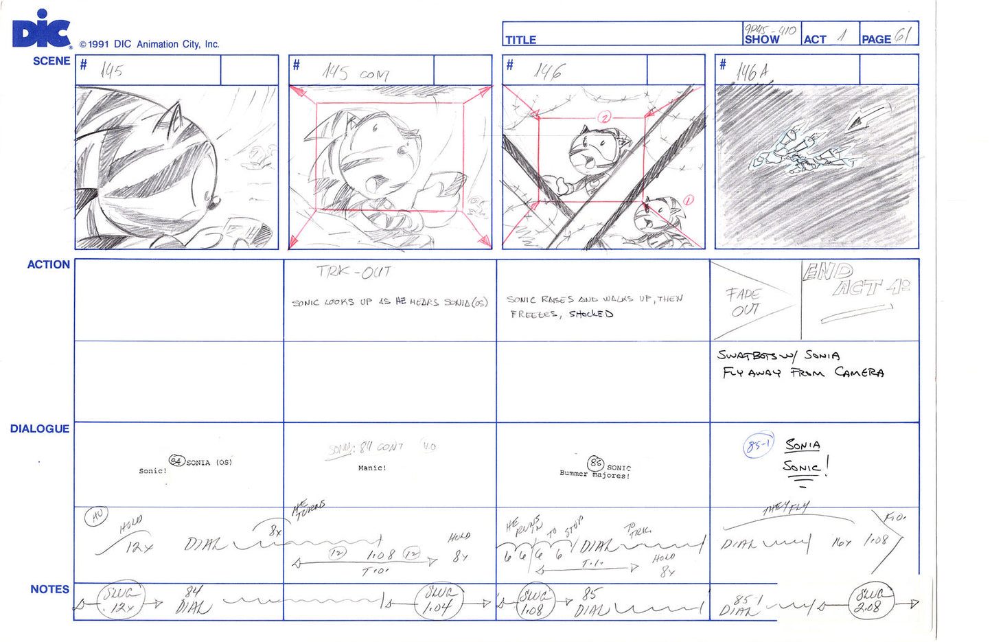 Sonic Underground Huge Hand-Drawn Production Storyboard 1999 from DIC Used to Make the Cartoon Pg 61