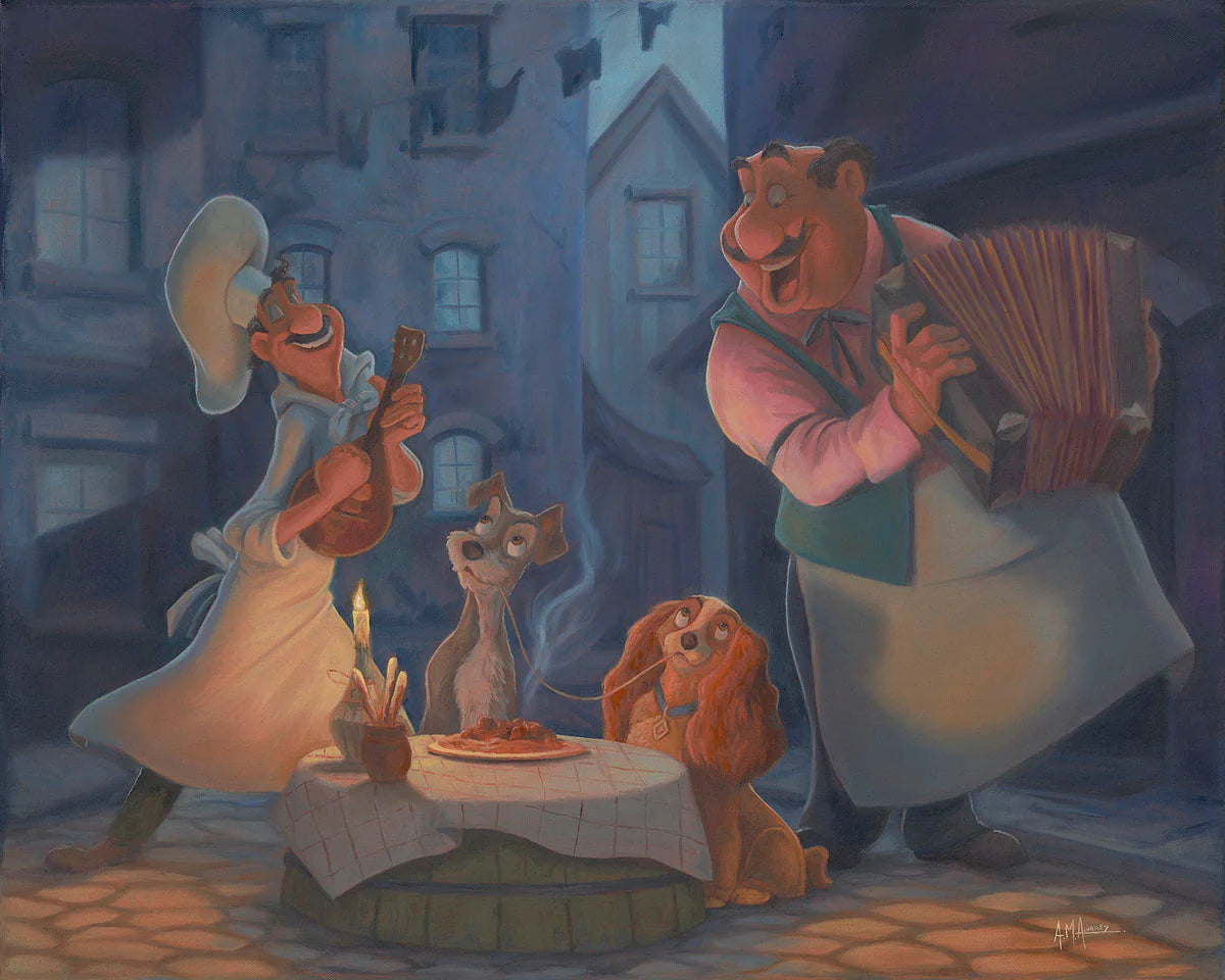 Lady & The Tramp Walt Disney Fine Art Angel Alvarez Signed Limited Edition of 95 Print on Canvas Bella Notte