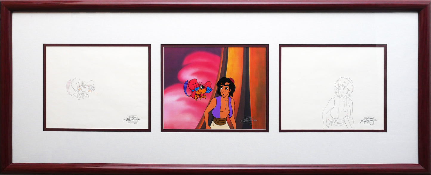 Aladdin and Iago Walt Disney Production Art Animation Cel and Drawings from 1994 Return of Jafar Framed 6 C-A