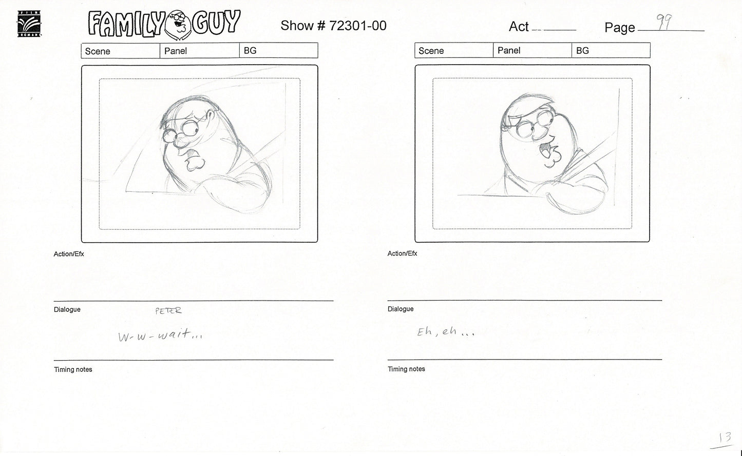 Family Guy Peter Griffin Hand-Drawn Production Animation Storyboard FOX 1999 First Season 3