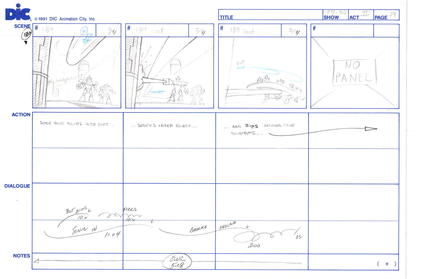 Sonic Underground Huge Hand-Drawn Production Storyboard 1999 from DIC Used to Make the Cartoon Pg 79