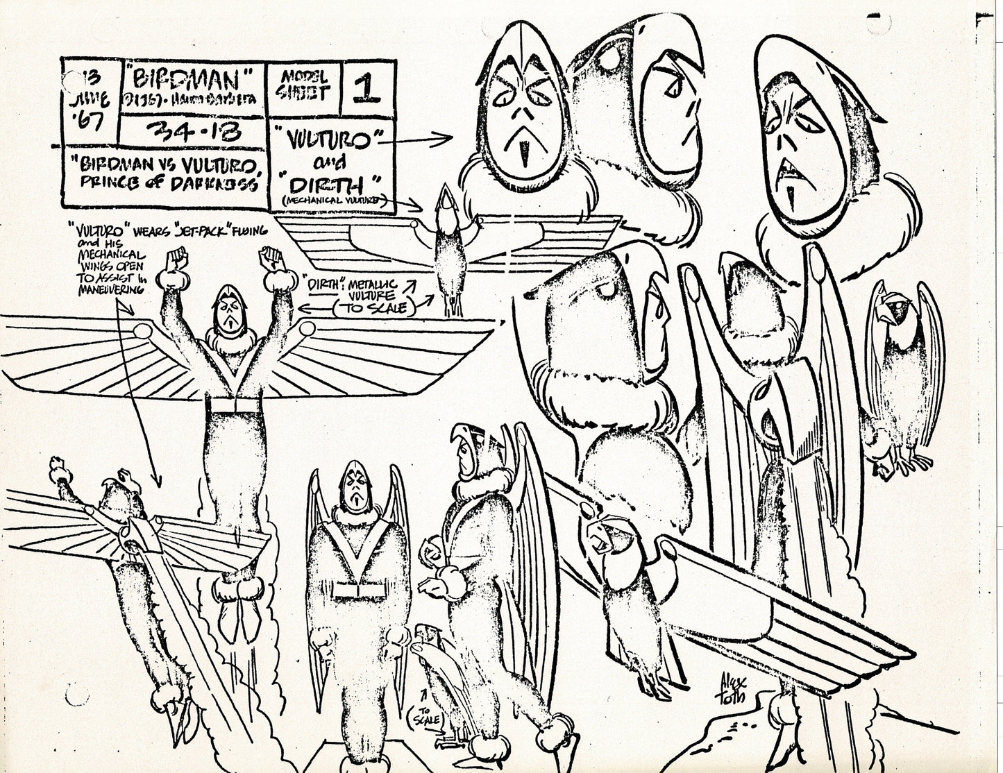 Birdman 1967 Alex Toth Production Model Sheet Copy Lot of 49 Pages from Hanna Barbera