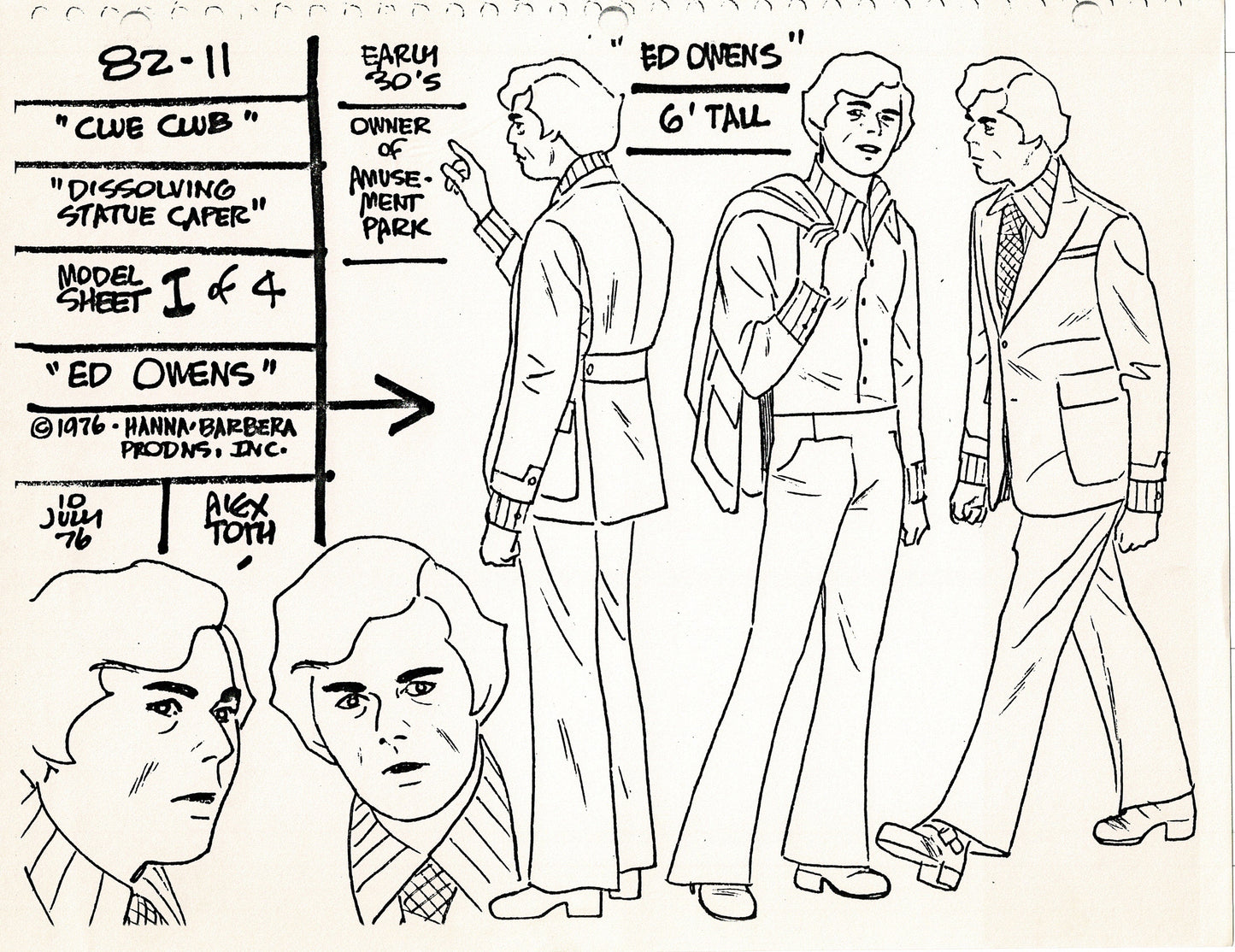 Clue Club 1976 Alex Toth Production Model Sheet Copy Lot of 37 Pages from Hanna Barbera