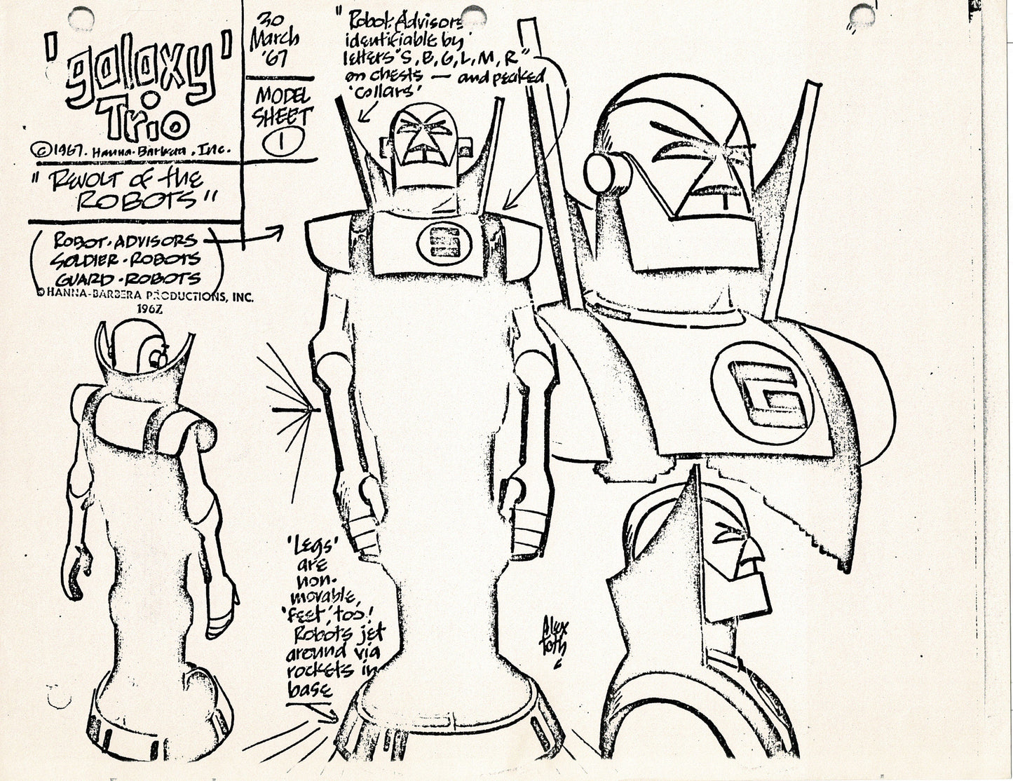 Dyno-Mutt Devlin and Galaxy Trio Alex Toth Production Model Sheet Copy Lot of 41 Pages from Hanna Barbera