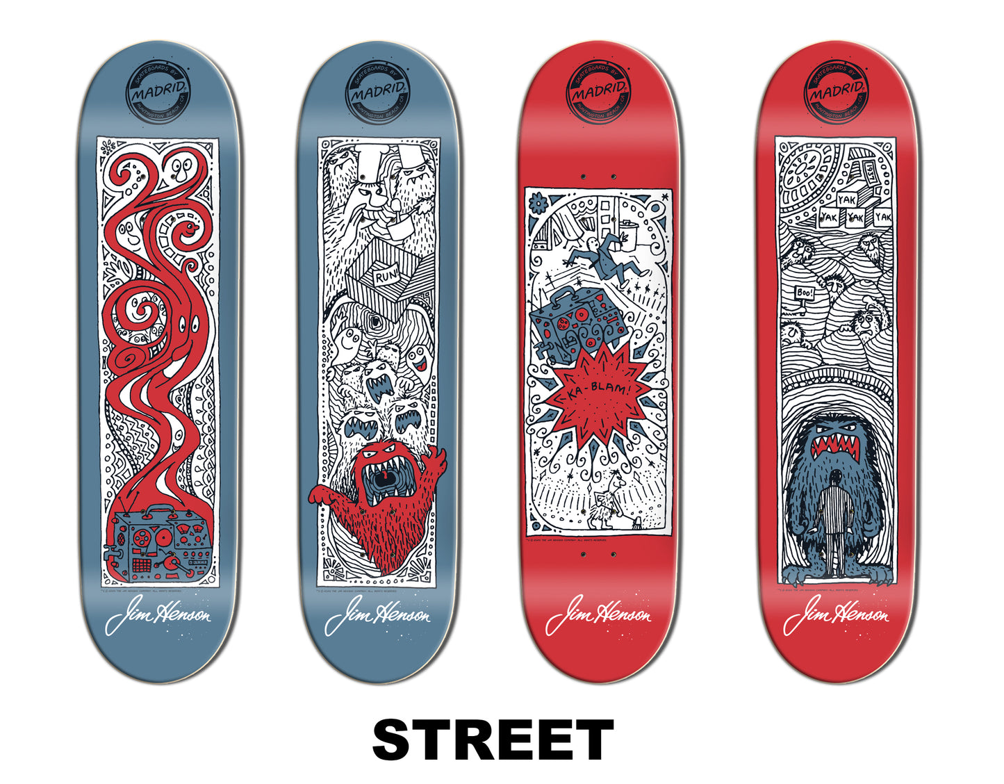 JIM HENSON Doodles Collection Madrid Skateboard FULL SET OF FOUR DECKS - Street or Retro Pool