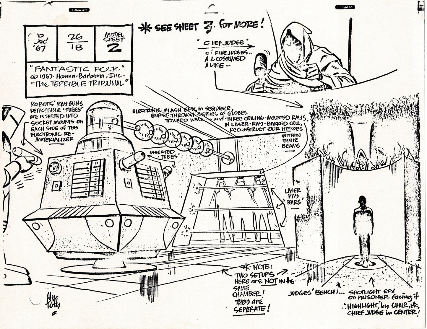 Fantastic Four 1967 Alex Toth Production Model Sheet Copy Lot of 8 Pages from Hanna Barbera