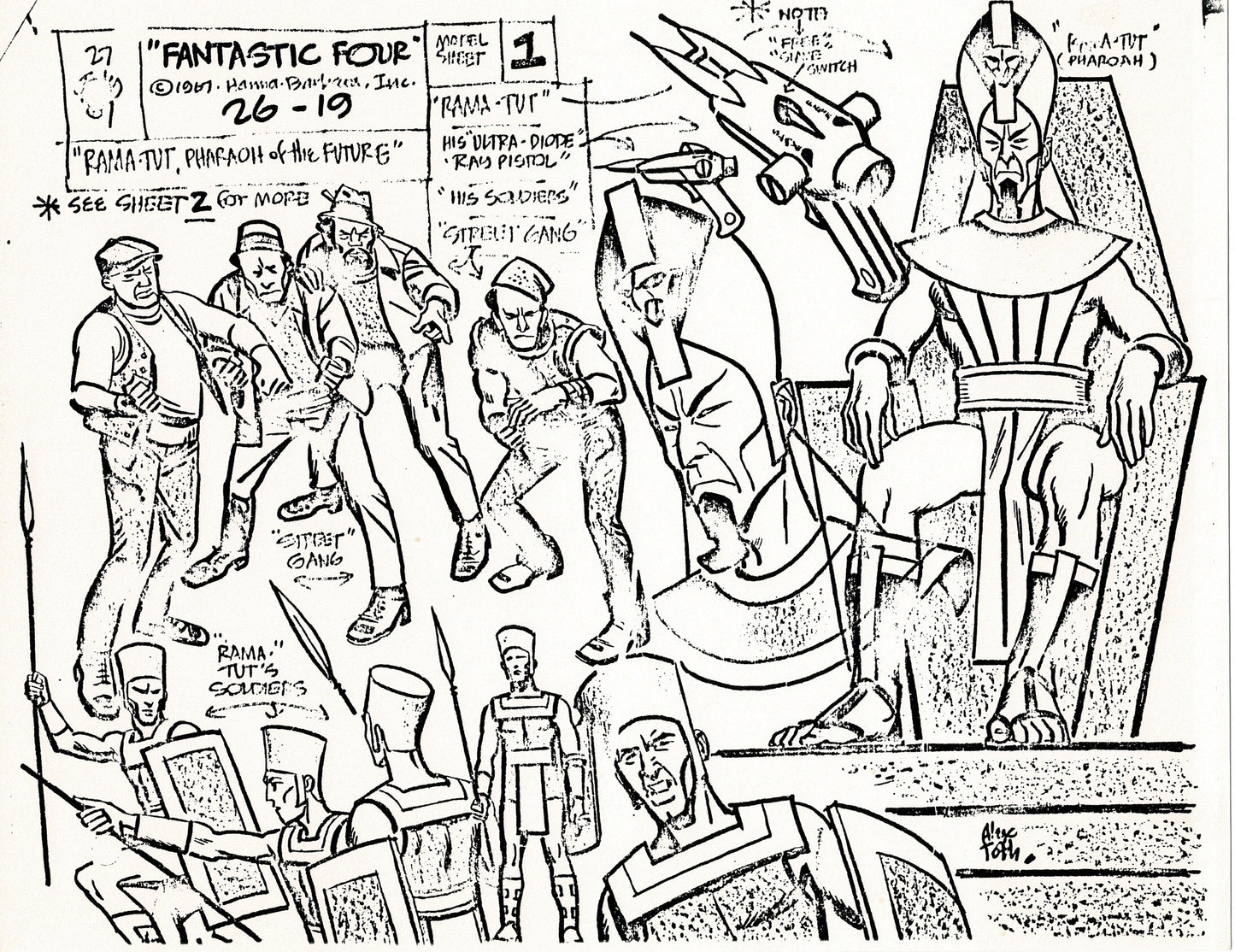 Fantastic Four 1967 Alex Toth Production Model Sheet Copy Lot of 8 Pages from Hanna Barbera