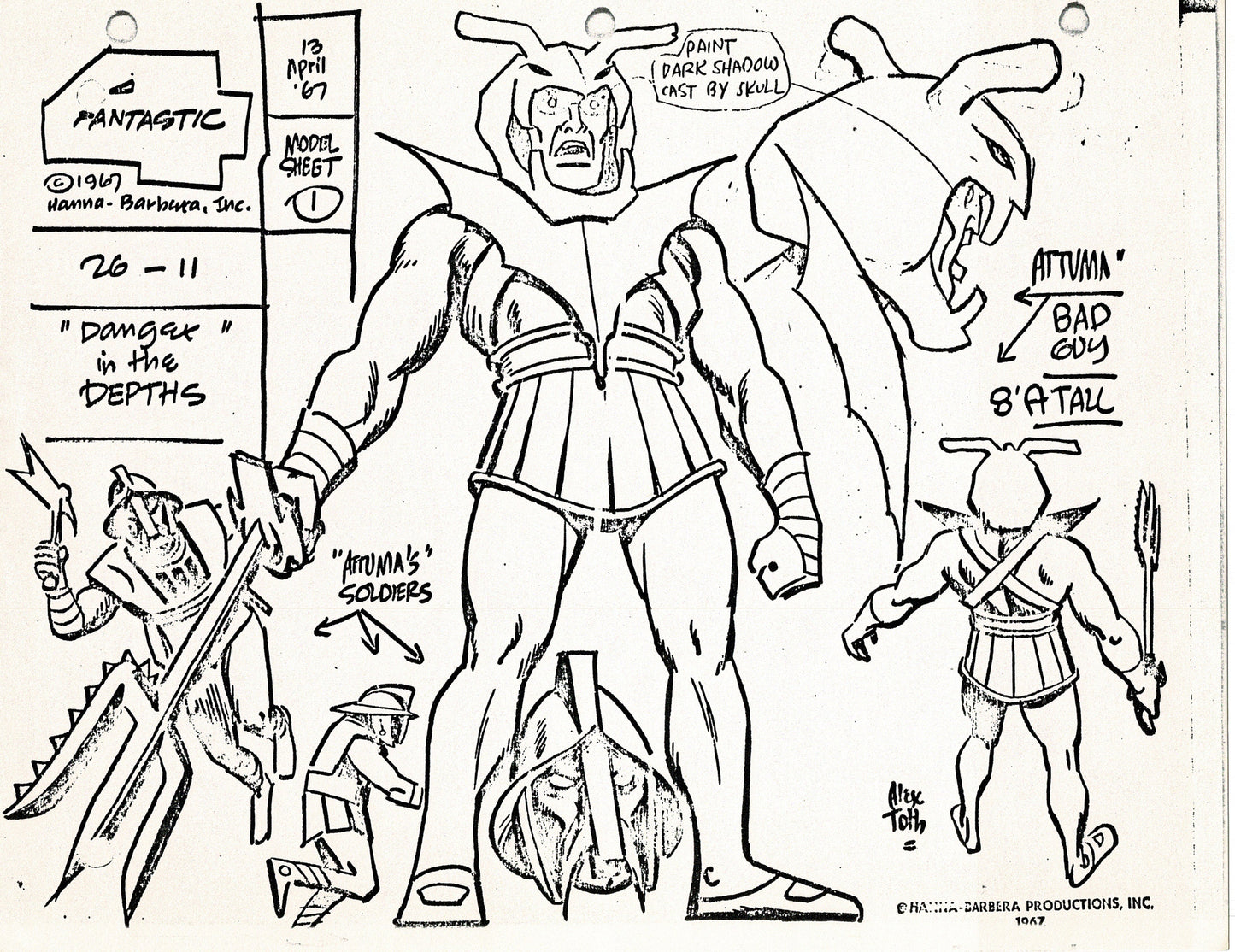 Fantastic Four 1967 Alex Toth Production Model Sheet Copy Lot of 8 Pages from Hanna Barbera