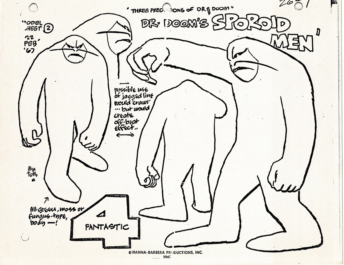 Fantastic Four 1967 Alex Toth Production Model Sheet Copy Lot of 8 Pages from Hanna Barbera
