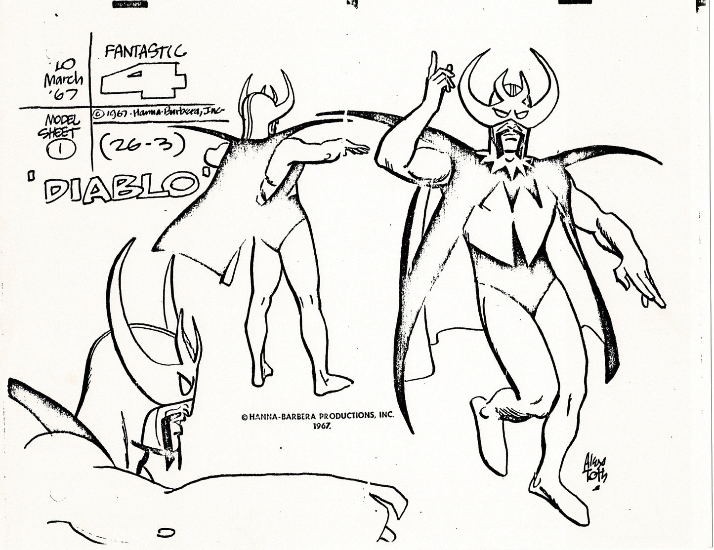 Fantastic Four 1967 Alex Toth Production Model Sheet Copy Lot of 8 Pages from Hanna Barbera