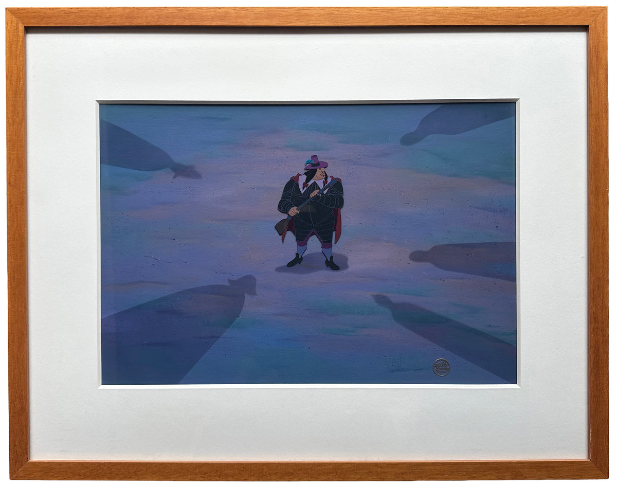 Pocahontas Walt Disney 1995 Hand-Painted Production-Used Animation Background and Presentation Cel of Ratcliffe from Sothebys Original Sale