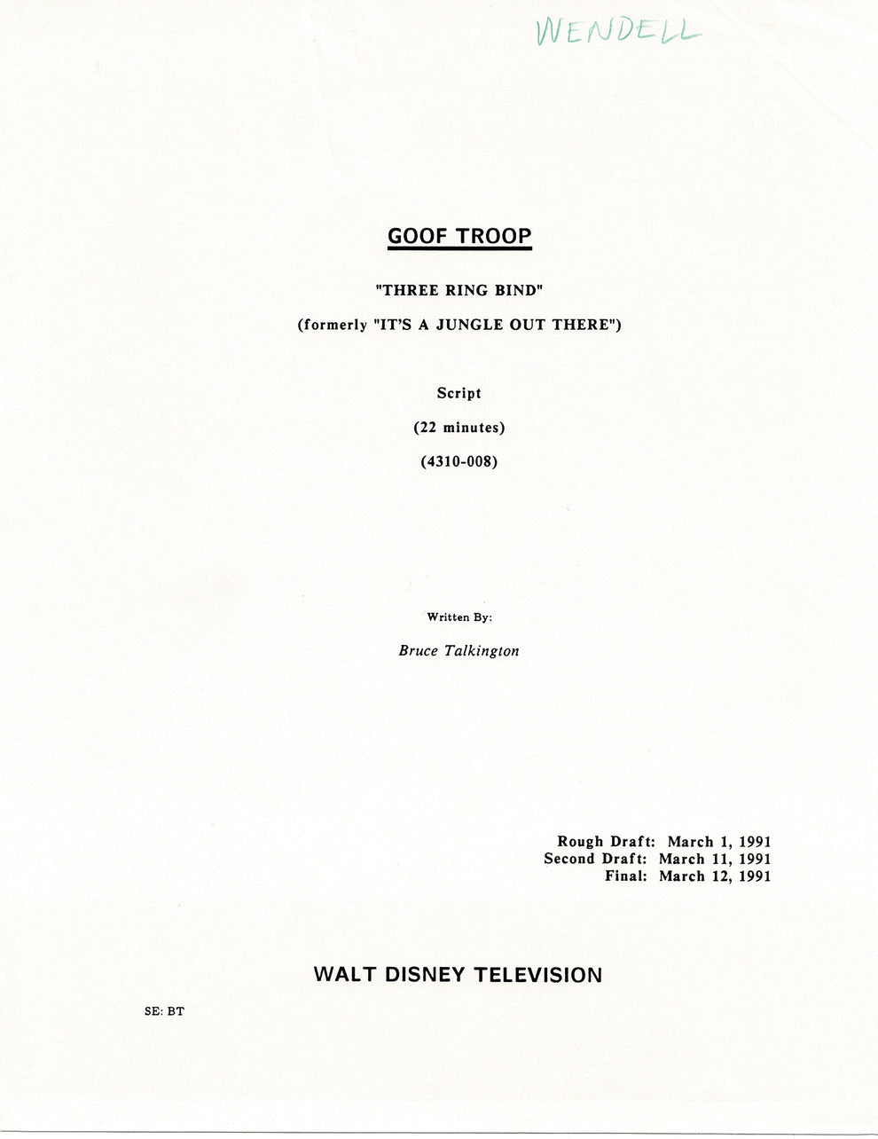 Disney Scripts Script Slug GOOF TROOP Disney Production Script Copy WITH 33 PAGES of DRAWINGS Epi ...