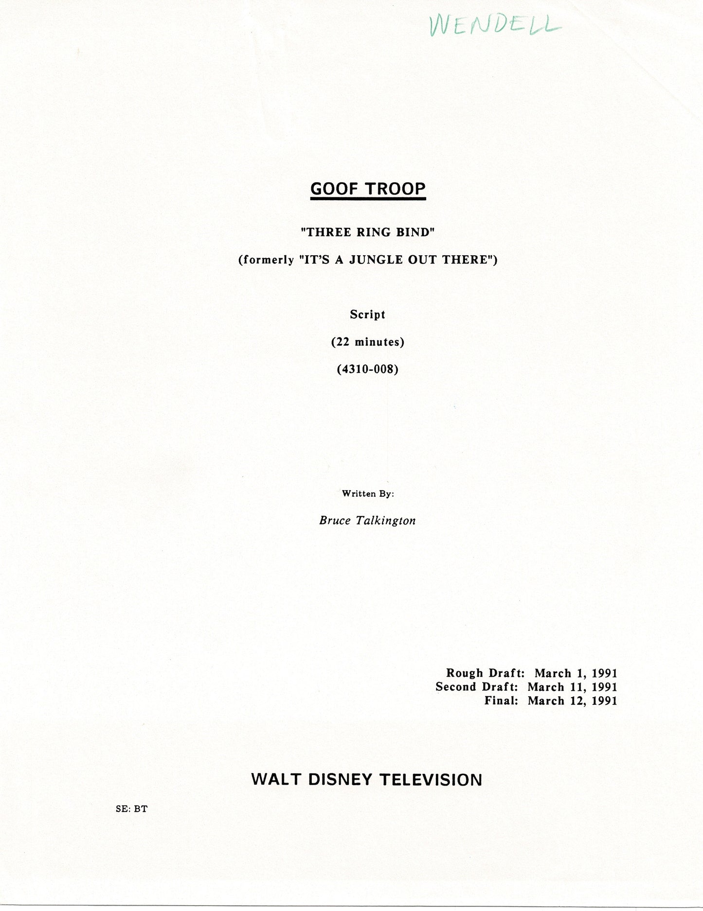 GOOF TROOP Disney Production Script Copy WITH 33 PAGES of DRAWINGS Episode 70 1992