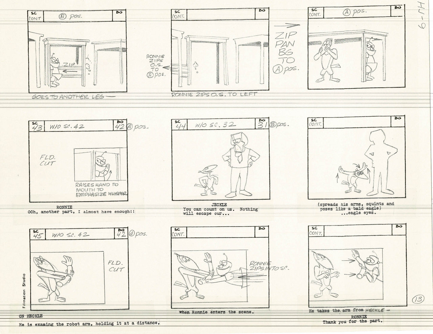 Heckle and Jeckle Storyboard Art Cartoon 2 Pages Vintage Filmation 1979 A-013n14