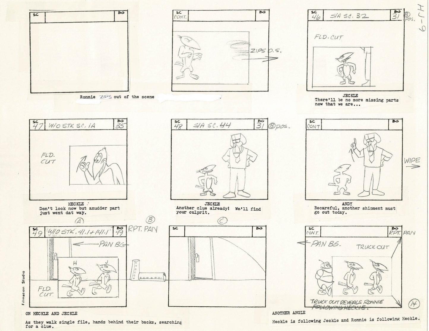 Heckle and Jeckle Storyboard Art Cartoon 2 Pages Vintage Filmation 1979 A-013n14