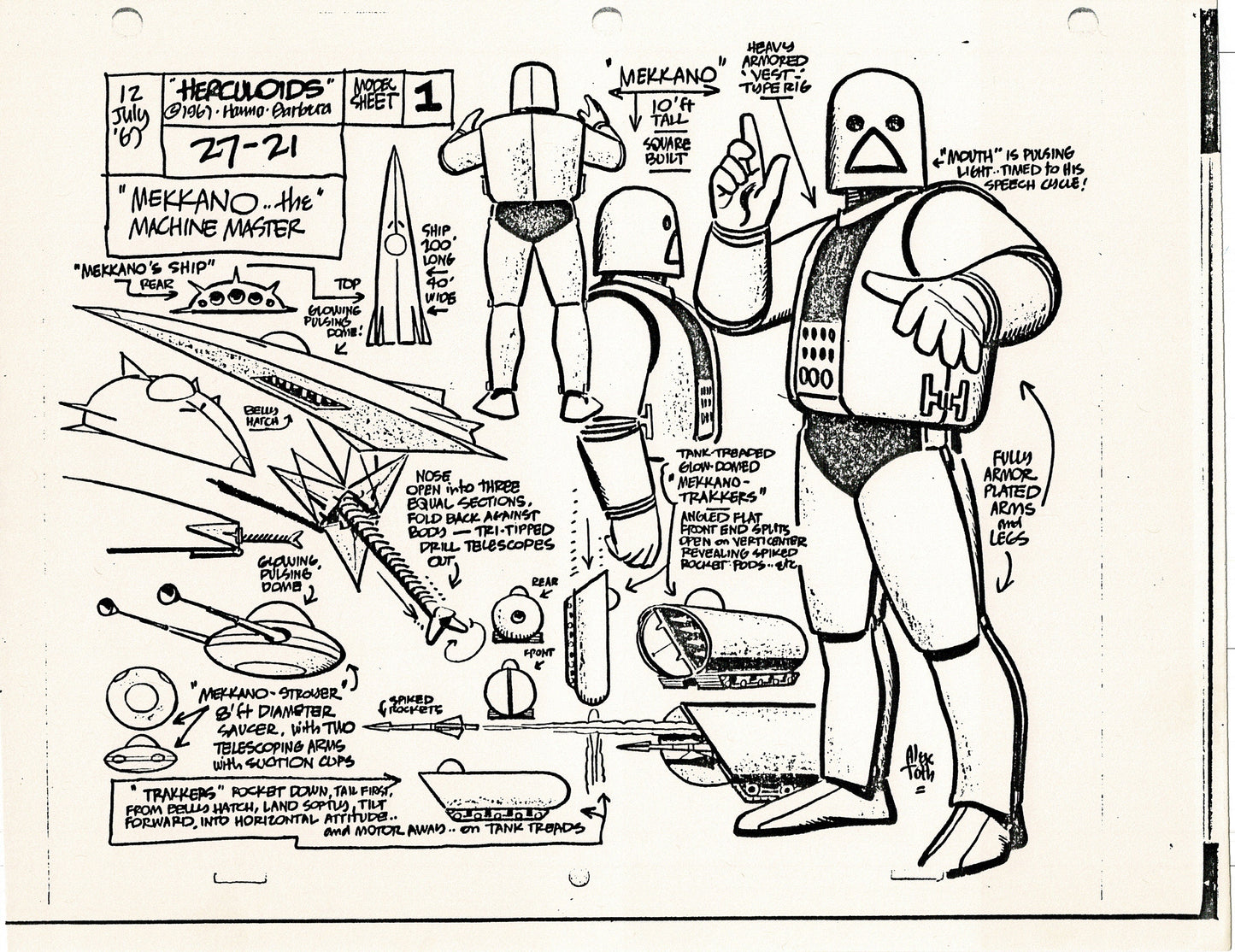 Herculoids 1967 Alex Toth Production Model Sheet Copy Lot of 16 Pages from Hanna Barbera