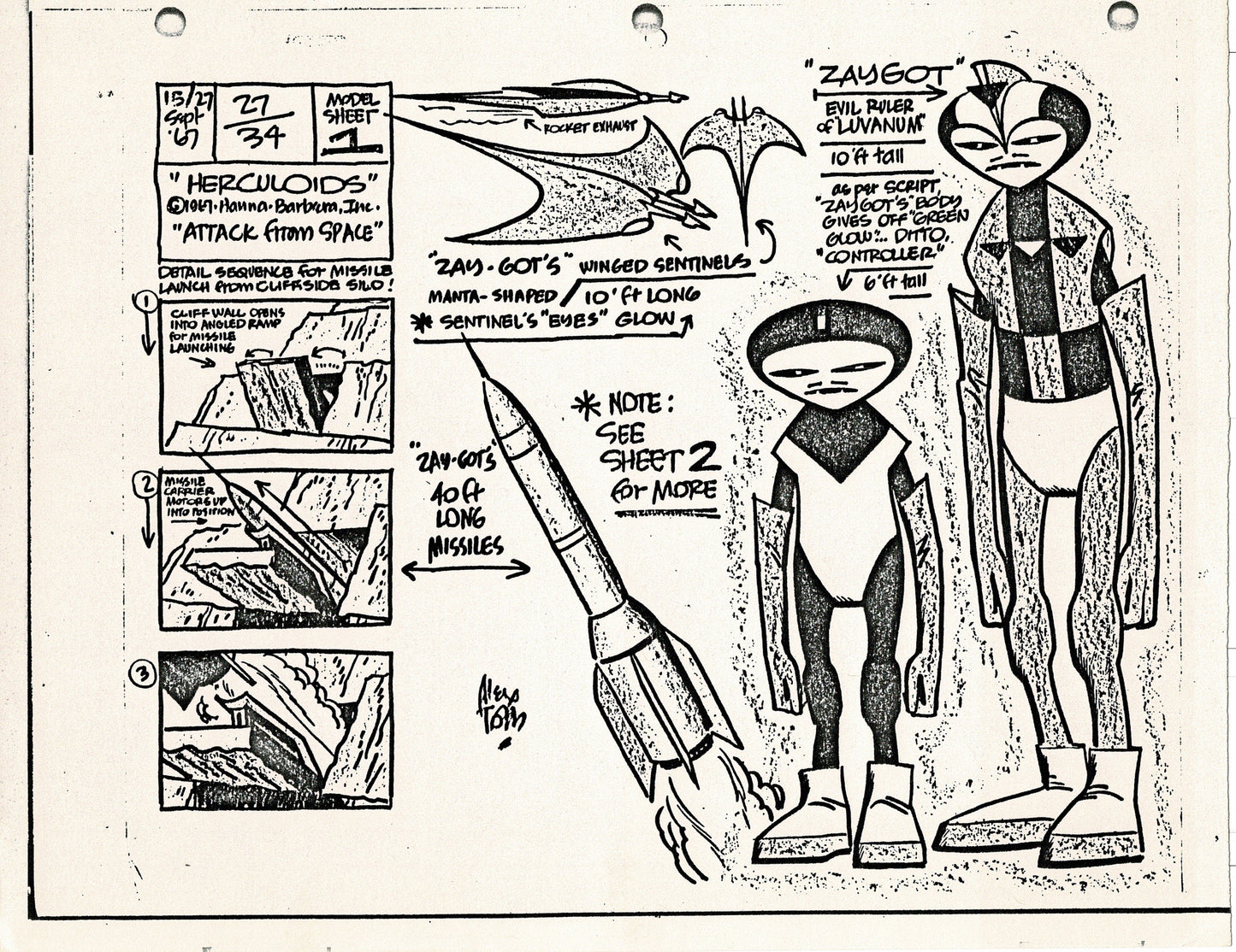 Herculoids 1967 Alex Toth Production Model Sheet Copy Lot of 16 Pages from Hanna Barbera