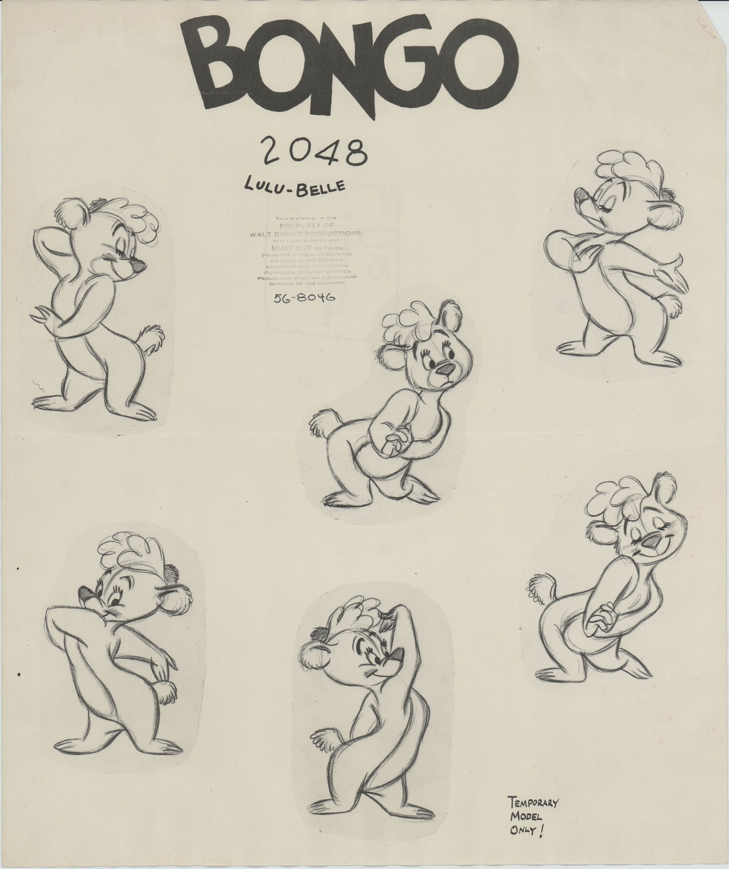 Lulu-Belle from the Bongo the Bear Segment from Fun and Fancy Free by Walt Disney Productions and Animation Model Sheet from 1947 8-608