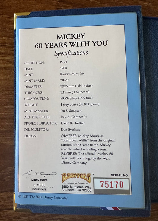 Disney 1928-1988 Mickey 60 Years 1 oz .999 Silver Proof Limited Edition Coin with Box and COA - GREAT gift for child or grandchild!