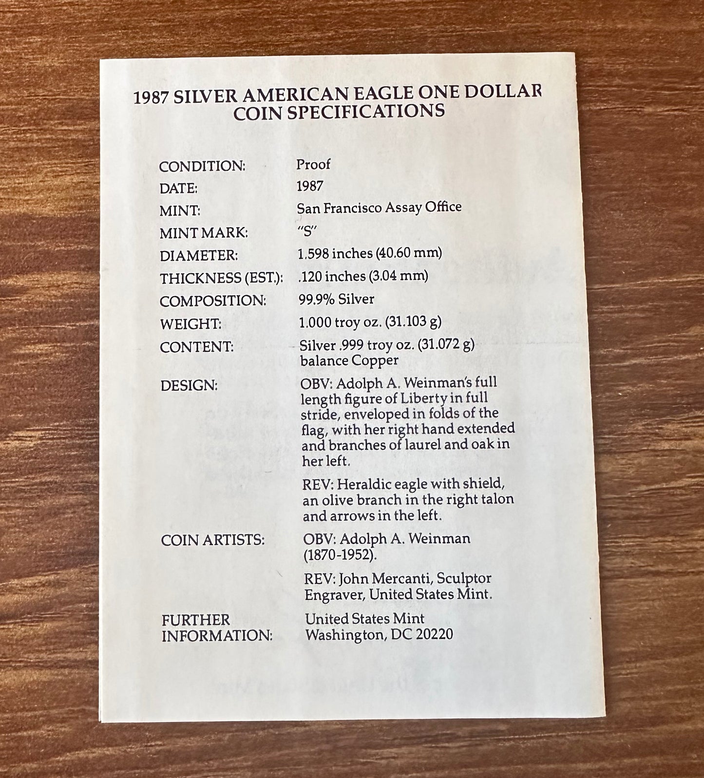 1987-S American Silver Eagle PROOF 1 Oz Silver - Coin, Box and COA - GREAT gift for child or grandchild!