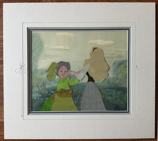 Sleeping Beauty Aurora and Flora Cel Setup from Walt Disney Art Corner Store 1959 with Gold Label Sold at Christies C-KL