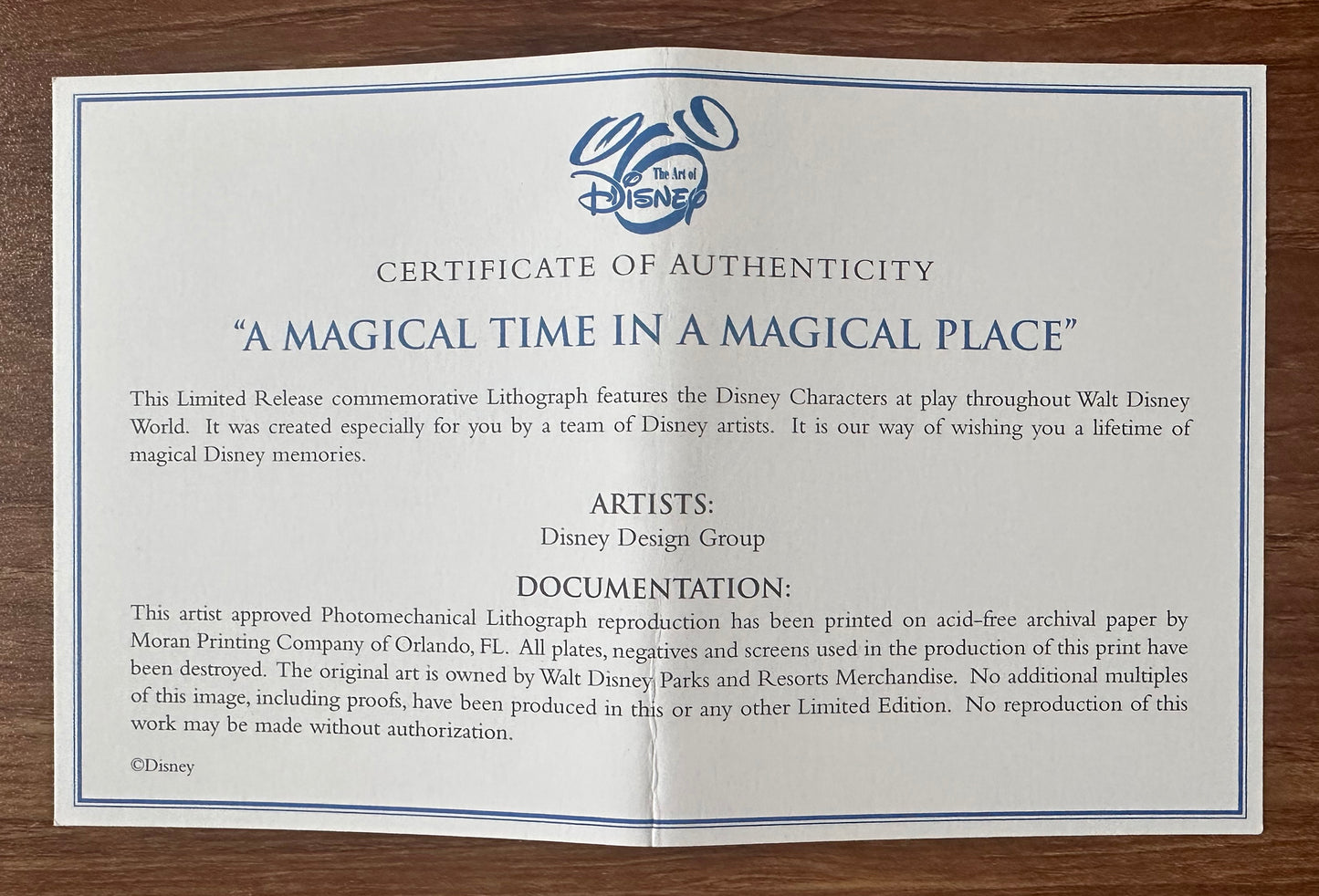 Disney Magical Time in a Magical Place Print Limited Edition 2005 World COA C-KL