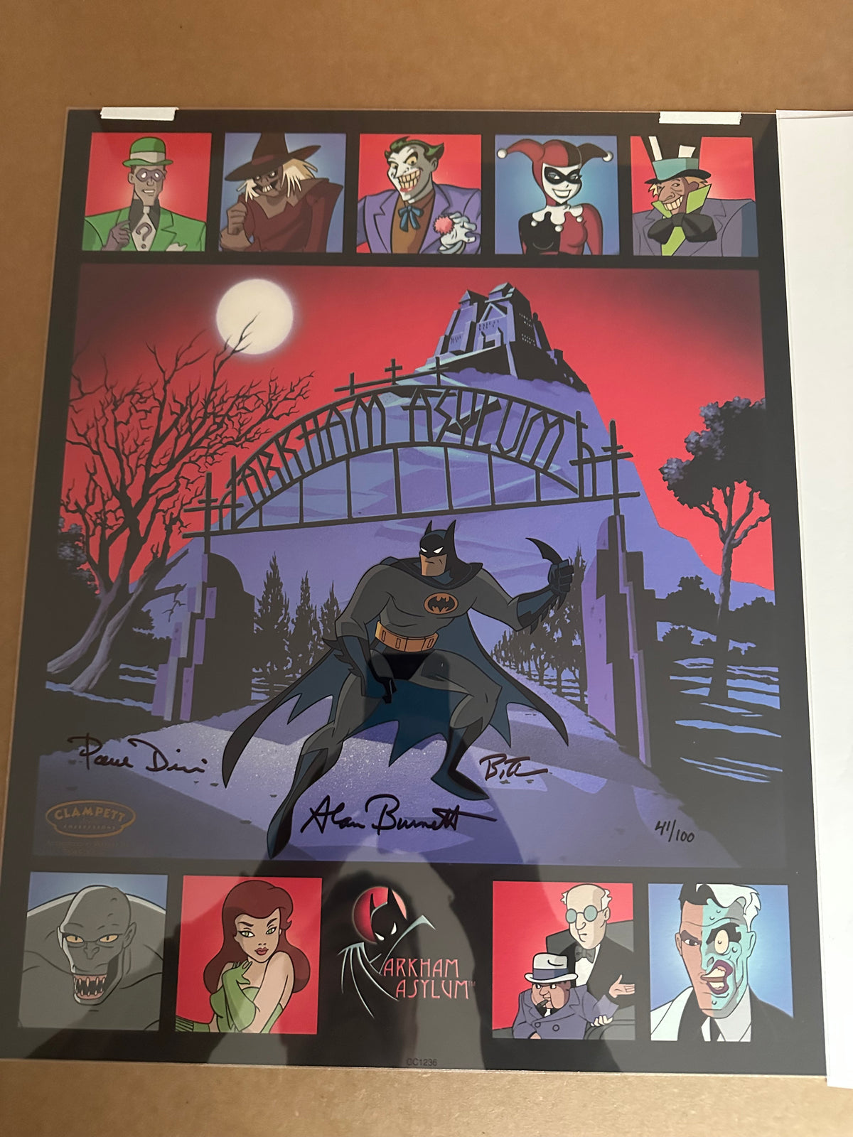 Bruce Timm, Dini, Burnette SIGNED Arkham Warners Limited Ed Animation cel of 100 OH