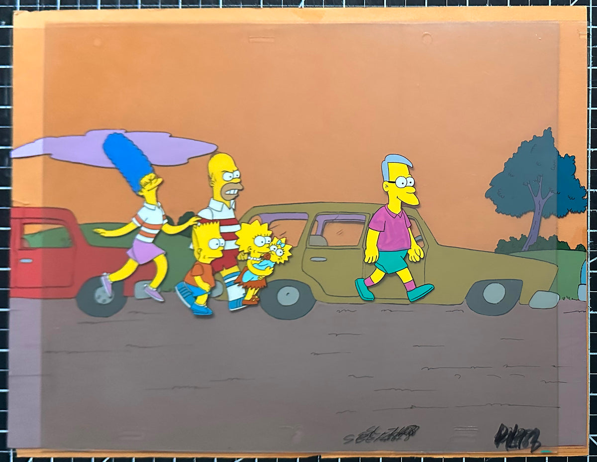 Simpsons Original Production Animation Cel Setup AND BACKGROUND - Homer, Bart, Marge, Maggie and Lisa - 1990