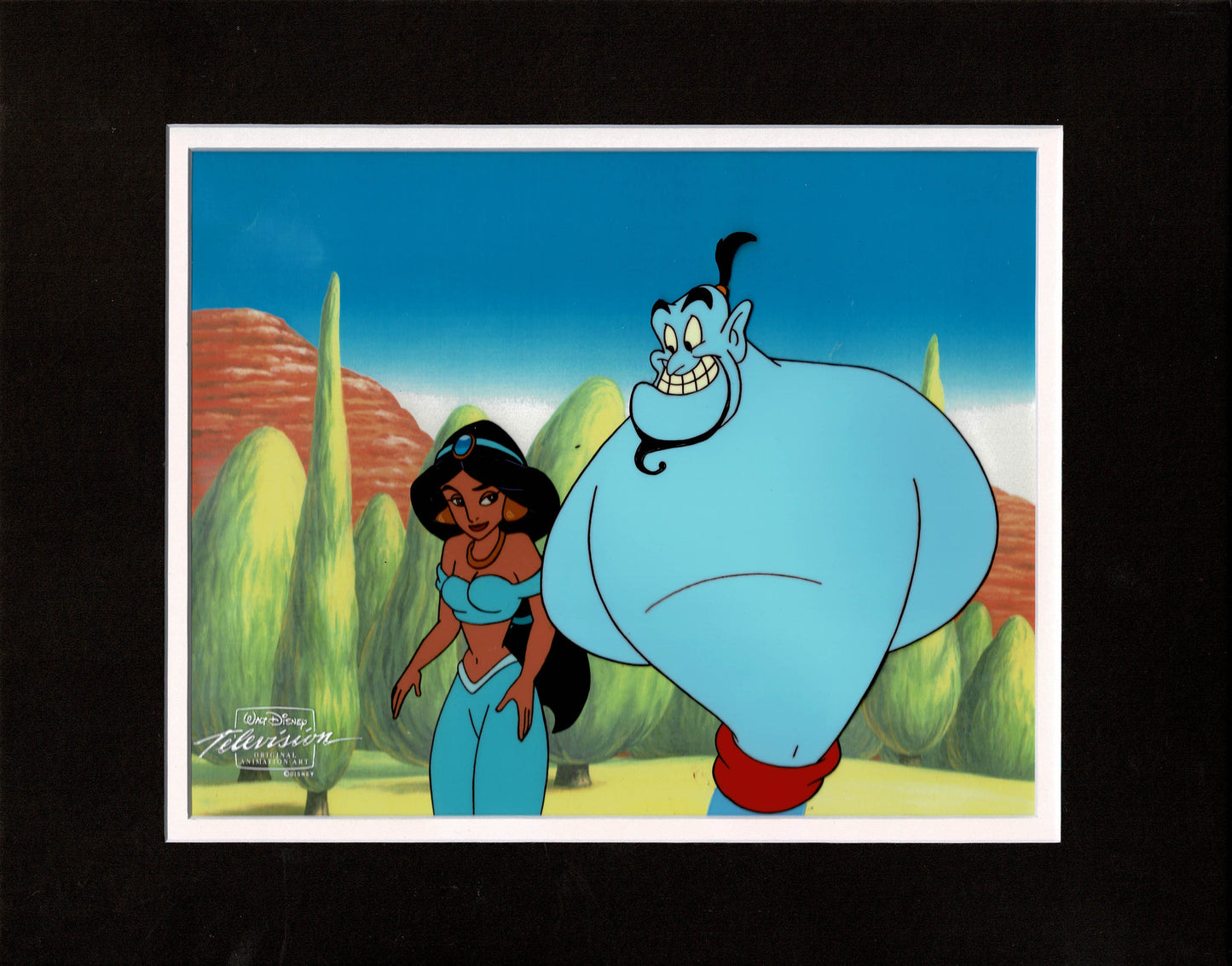 Aladdin Jasmine Genie Walt Disney Cartoon Production Animation Cel and Drawing from 1994 Return of Jafar Matted 13 C-A