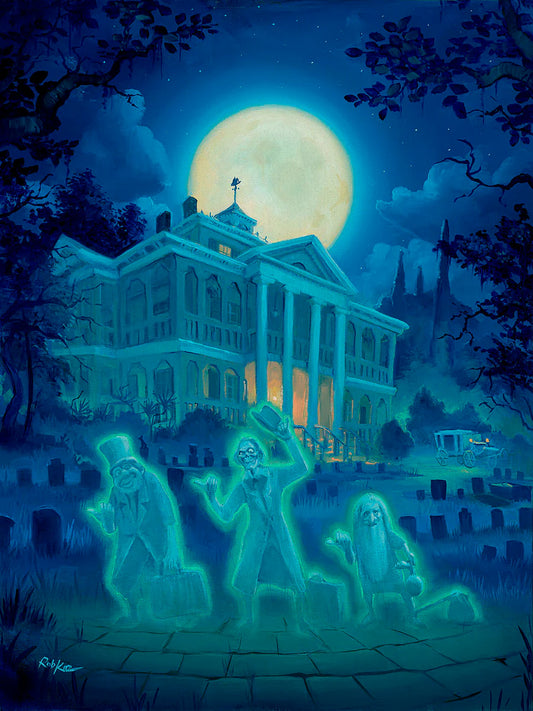 Haunted Mansion Walt Disney Fine Art Rob Kaz Signed Limited Edition of 195 on Canvas "Beware Hitchhiking Ghosts"