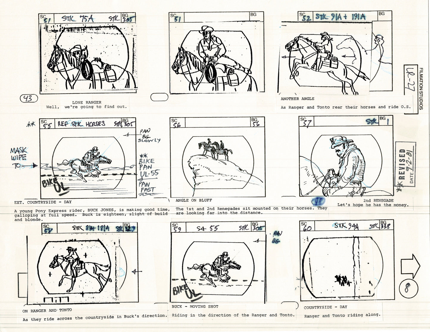 The Lone Ranger 1981 Production Animation Storyboard Page from Filmation B-009